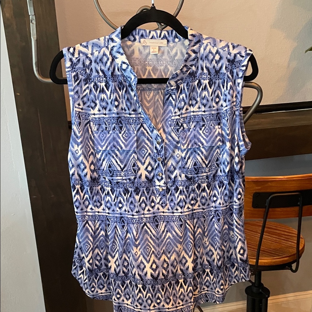 Christopher & Banks Blue and White Sleeveless Blouse
